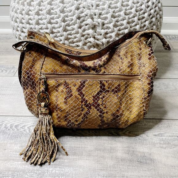 Michael Kors Embossed Python Patent Leather Hobo Satchel Crossbody Bag Brown - Picture 1 of 7